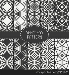 Set of geometric line monochrome lattice seamless arabic pattern. Islamic oriental style. Wrapping paper. Scrapbook paper. Tiling. White vector illustration. Moroccan background. Swatches. Graphic texture.