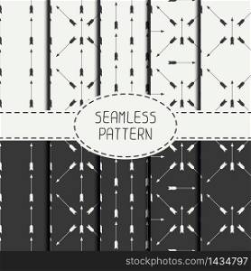 Set of geometric monochrome hipster line seamless pattern with vintage arrows. Wrapping paper. Scrapbook paper. Tiling. Beautiful vector illustration. Background. Stylish graphic texture.. Set of geometric monochrome hipster line seamless pattern with vintage arrows. Wrapping paper. Scrapbook paper. Tiling. Beautiful vector illustration. Background. Stylish graphic texture for design.
