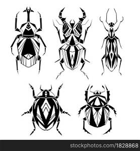 Set of geometric monochrome insects with poly decorations. Vector black silhouette of geometrical stag beetle, flying ant, ladybug, bedbug in retro colors. Stylish print bugs for logo. Set of geometric monochrome insects with poly decorations. Vector black silhouette of geometrical stag beetle, flying ant, ladybug, bedbug in retro colors.
