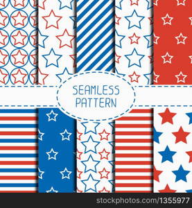 Set of geometric patriotic seamless pattern with red, white, blue stars. American symbols. USA flag. 4th of July. Wrapping paper. Paper scrapbook. Tiling. Vector nautical starry background.. Set of geometric patriotic seamless pattern with red, white, blue stars. American symbols. USA flag. 4th of July. Wrapping paper. Paper for scrapbook. Tiling. Vector nautical starry background.