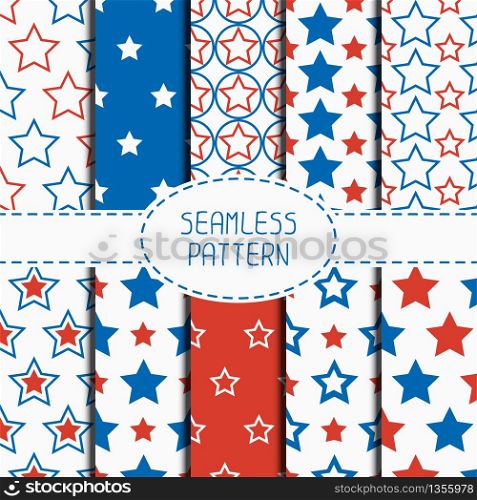 Set of geometric patriotic seamless pattern with red, white, blue stars. American symbols. USA flag. 4th of July. Wrapping paper. Paper scrapbook. Tiling. Vector nautical starry background.. Set of geometric patriotic seamless pattern with red, white, blue stars. American symbols. USA flag. 4th of July. Wrapping paper. Paper for scrapbook. Tiling. Vector nautical starry background.