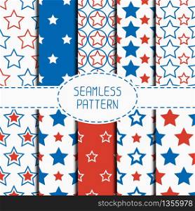 Set of geometric patriotic seamless pattern with red, white, blue stars. American symbols. USA flag. 4th of July. Wrapping paper. Paper scrapbook. Tiling. Vector nautical starry background.. Set of geometric patriotic seamless pattern with red, white, blue stars. American symbols. USA flag. 4th of July. Wrapping paper. Paper for scrapbook. Tiling. Vector nautical starry background.