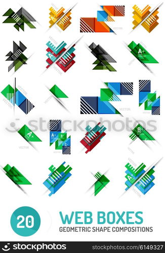 Set of geometric pattern compositions - triangle and square shapes, web internet boxes with buttons and sample text