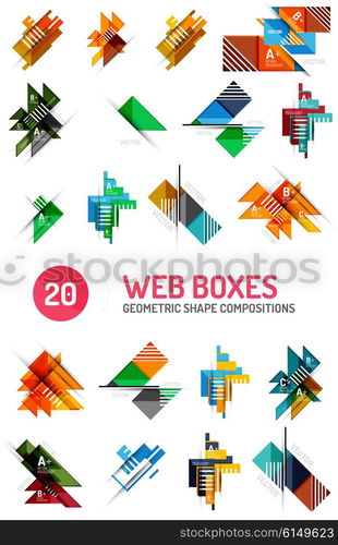 Set of geometric pattern compositions - triangle and square shapes, web internet boxes with buttons and sample text