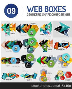 Set of geometric pattern compositions - triangle and square shapes, web internet boxes with buttons and sample text