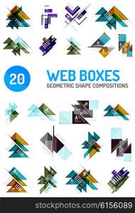 Set of geometric pattern compositions - triangle and square shapes, web internet boxes with buttons and sample text