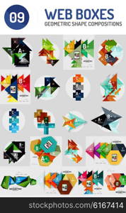 Set of geometric pattern compositions - triangle and square shapes, web internet boxes with buttons and sample text