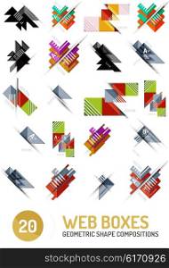 Set of geometric pattern compositions - triangle and square shapes, web internet boxes with buttons and sample text