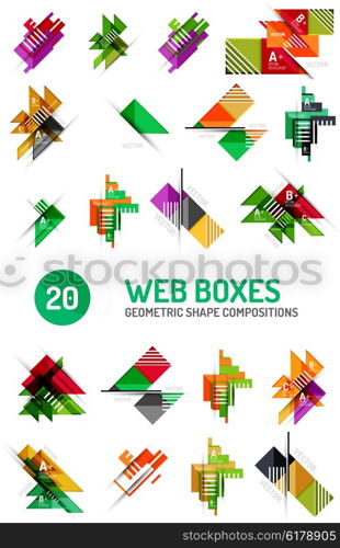 Set of geometric pattern compositions - triangle and square shapes, web internet boxes with buttons and sample text