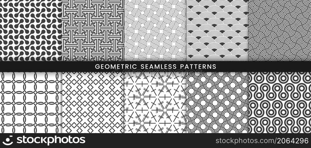 Set of geometric pattern traditional chinese and japanese seamless with gray on white background