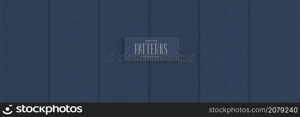 Set of geometric pattern with stripes polygonal lines modern stylish blue background