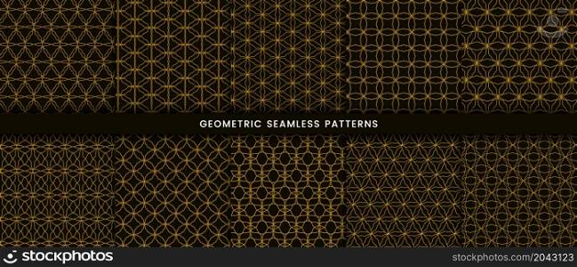 Set of geometric seamless pattern circle design. Luxury with shiny gold lines on dark background