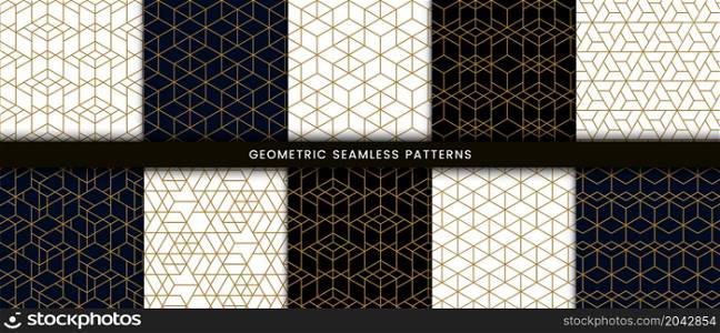 Set of geometric seamless pattern polygonal shape. Luxury background with gold lines on navy, black and white color