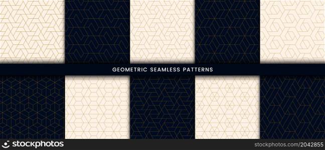 Set of geometric seamless pattern polygonal shape. Luxury background with gold lines on navy and white color