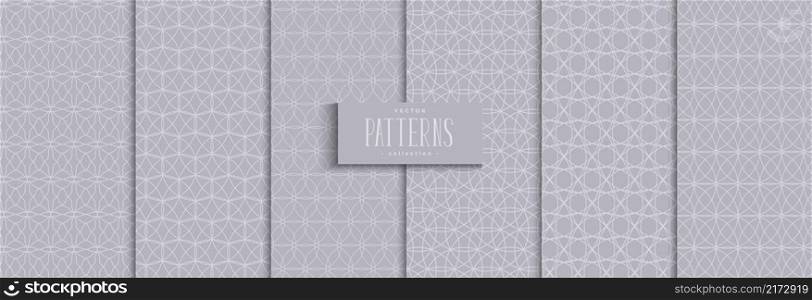 Set of geometric seamless pattern with circle lines overlapping elegant gray background traditional design