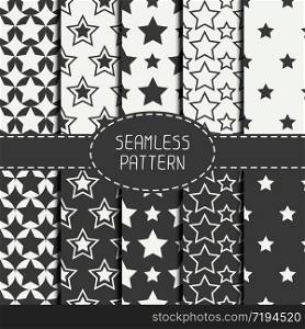 Set of geometric seamless pattern with stars. Collection of wrapping paper. Paper for scrapbook. Tiling. Beautiful vector illustration. Starry background. Stylish graphic texture for your design, wallpaper, pattern.. Set of geometric seamless pattern with stars. Collection of wrapping paper. Paper for scrapbook. Tiling. Beautiful vector illustration. Starry background. Stylish graphic texture for your design, wallpaper, pattern fills.