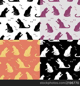 Set of geometric SEAMLESS patterns with pads of cat paws and cats. Animal paw prints on ground. Ornates for decoration and printing on fabric. Design element. Vector