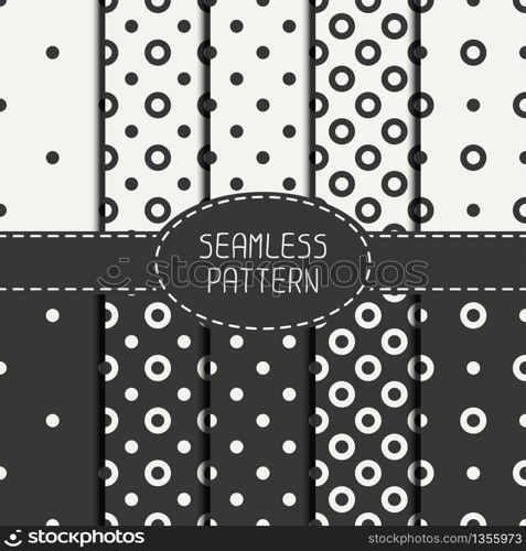 Set of geometric seamless polka dot pattern with circles. Collection of wrapping paper. Paper for scrapbook. Tiling. Peas. Vector illustration. Background. Swatches. Graphic texture for design.. Set of geometric seamless polka dot pattern with circles. Collection of wrapping paper. Paper for scrapbook. Tiling. Peas. Vector illustration. Background. Swatches. Graphic texture for design.