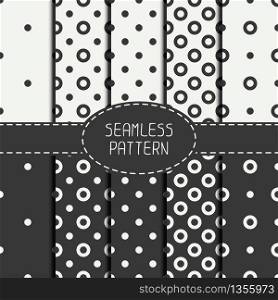 Set of geometric seamless polka dot pattern with circles. Collection of wrapping paper. Paper for scrapbook. Tiling. Peas. Vector illustration. Background. Swatches. Graphic texture for design.. Set of geometric seamless polka dot pattern with circles. Collection of wrapping paper. Paper for scrapbook. Tiling. Peas. Vector illustration. Background. Swatches. Graphic texture for design.