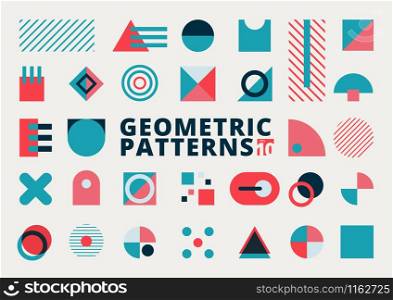 Set of geometric shapes flat design blue and pink color on white background. Circle, square, triangle, rectangle elements composition for brochure, flyer, banner web, print ad, magazine, etc. Vector illustration