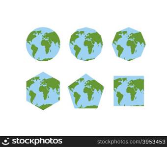 Set of geometric shapes of world atlases. Map of planet earth . Earth is round. Pentagon with continents. Hexagon planet earth. World square ground
