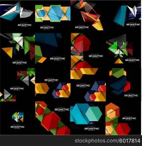 Set of geometrical abstract black backgrounds with multicolored shapes. Set of geometrical abstract black backgrounds with multicolored shapes. Vector universal presentation template or web banner layout