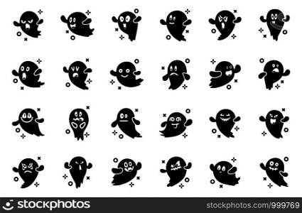Set of ghosts emoji for halloween, isolated vector glyph icons on white, funny and scary characters with various facial expressions, cartoon magic dead creature, traditional holiday symbols, flat style. Halloween cute symbols