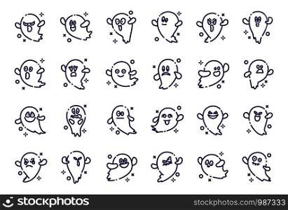 Set of ghosts emoji for halloween, isolated vector outline icons on white, funny and scary characters with various facial expressions, cartoon magic dead creature, traditional holiday symbols, flat style. Halloween cute symbols