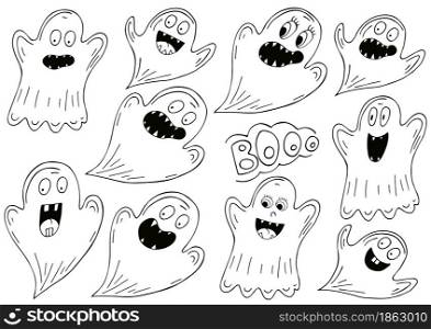 Set of ghosts in hand draw style. Collection of vector illustrations for Halloween design. Coloring elements, cartoon style. Sign, sticker, pin. Collection of vector illustrations for Halloween design. Sign, sticker, pin