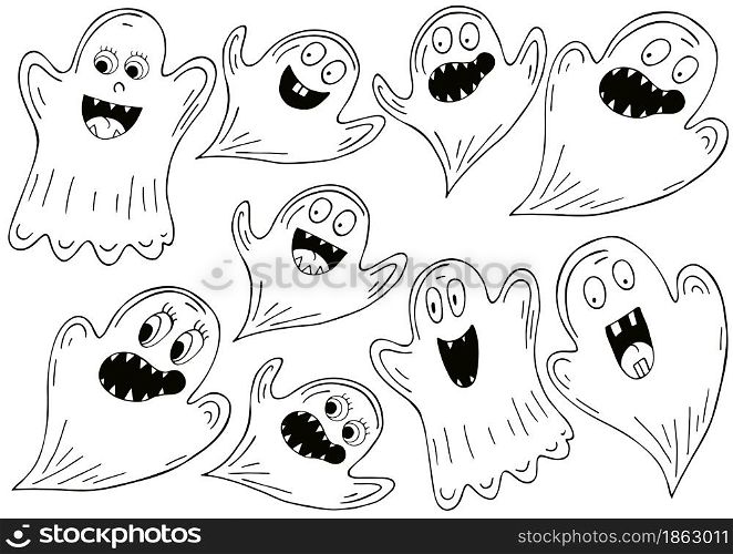 Set of ghosts in hand draw style. Collection of vector illustrations for Halloween design. Coloring elements, cartoon style. Sign, sticker. Collection of vector illustrations for Halloween design. Sign, sticker, pin