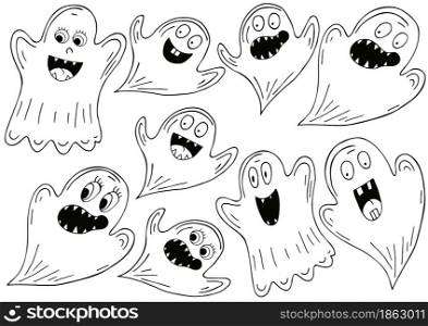 Set of ghosts in hand draw style. Collection of vector illustrations for Halloween design. Coloring elements, cartoon style. Sign, sticker. Collection of vector illustrations for Halloween design. Sign, sticker, pin