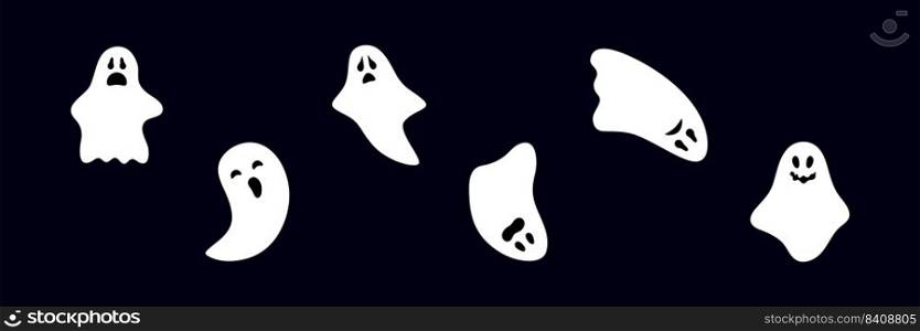 Set of ghosts with scary smiling faces for Halloween. Vector flat style illustration for design poster, banner, print.