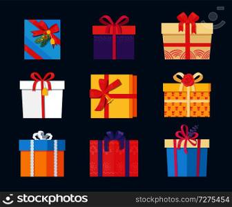 Set of gift box presents wrapped packages icons vector with bells and flowers. Packed holiday boxing with bows and ribbon decoration isolated on blue. Set Gift Box Presents Wrapped Package Icons Vector