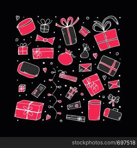 Set of gift boxes. Collection of holiday presents on dark background. Poster template in doodle style. Vector illustration.
