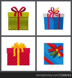 Set of gift boxes in decorative wrapping with color ribbons and bows flowers isolated on white background. Present packages surprises vector. Set of Gift Boxes in Decorative Wrapping Vector