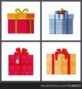 Set of gift boxes in decorative wrapping with color ribbons and bows flowers isolated on white background. Present packages surprises vector. Set of Gift Boxes in Decorative Wrapping Vector