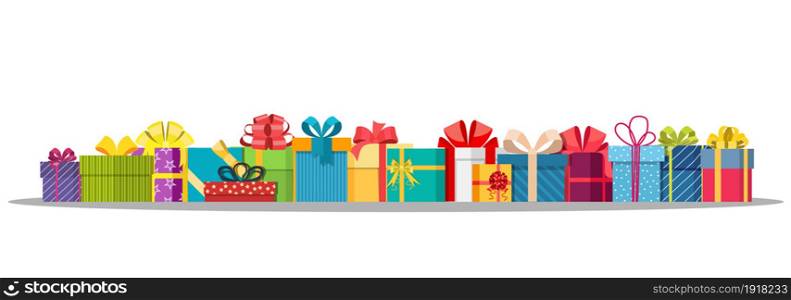 Set of gift boxes isolated on white. Colorful wrapped. Sale, shopping. Present boxes different sizes with bows and ribbons. Collection for birthday and holiday. Vector illustration in flat style. Set of gift boxes isolated on white.