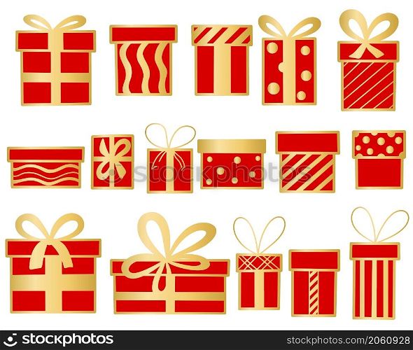 Set of gift boxes isolated vector illustration. Red boxes decorated with gold ribbons and bows. Presents for holiday, birthday or christmas. Set of gift boxes isolated vector illustration