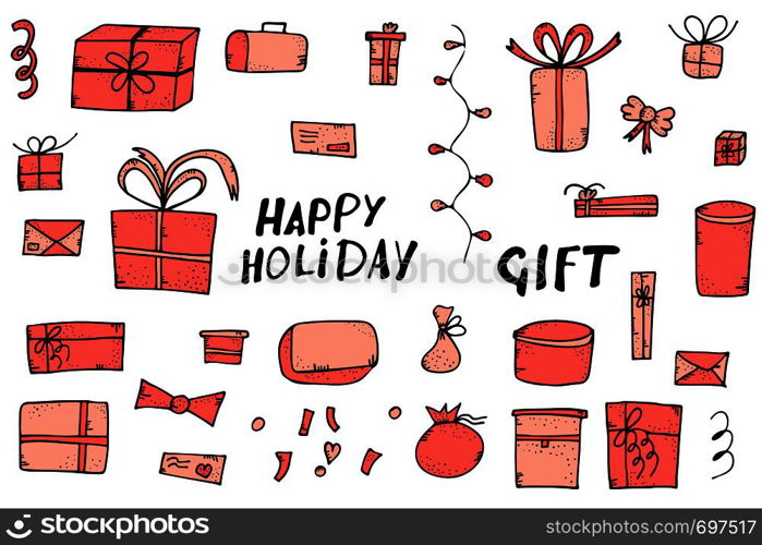 Set of gift boxes on white background. Collection of holiday presents in doodle style. Vector illustration.