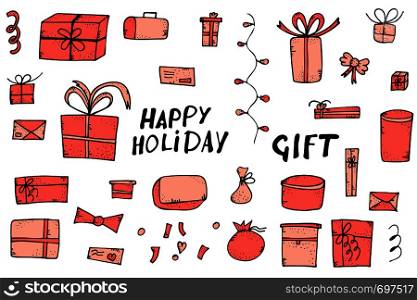 Set of gift boxes on white background. Collection of holiday presents in doodle style. Vector illustration.