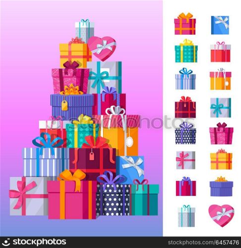 Set of gift boxes vector. Stack of presents in various bright, striped, spotted boxes tied colored ribbons. Beautifully wrapped surprise. Illustration for decoration, event management companies ad. . Set of Colorful Gift Boxes Vector Illustrations