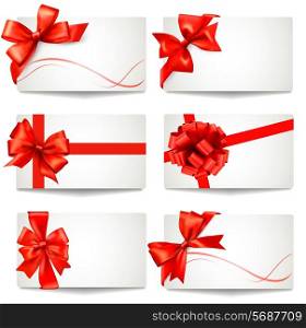 Set of gift card notes with red bows and ribbons Vector
