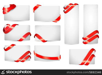 Set of gift card notes with red ribbons. Vector illustration.
