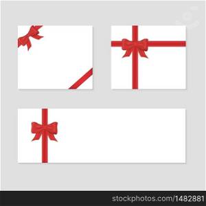 Set of gift card with bow, ribbon. Wrap gift with red realistic ribbon. Template for present, invitation, gift, banner, certificate or poster design. vector illustration isolated on background. Set of gift card with bow, ribbon. Wrap gift with red realistic ribbon. Template for present, invitation, gift, banner, certificate or poster design. vector illustration isolated on background.