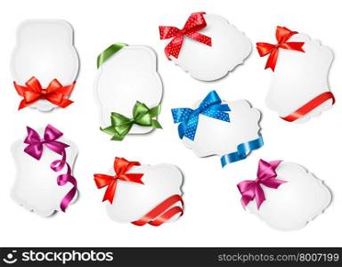 Set of gift cards with colorful gift bows with ribbons. Vector illustration.