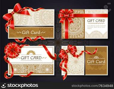Set of gift cards with text and floral drawings vector. Certificates decorated with red ribbons and bows, celebration card for holiday or special event. Invitation design, present with coupon. Gift Cards and Certificates with Red Ribbons Set