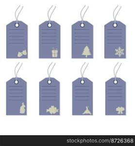 Set of gift grunge tags with Christmas trees, snowflakes, gifts, gift bows, rabbits. Perfect for Christmas, New Year, birthday gifts and gifts. Vector illustration 