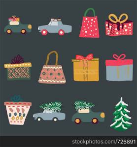 Set of gift icons on black background. Flat style illustration. Greeting card, poster, banner, design element. . Set of gift icons on black background