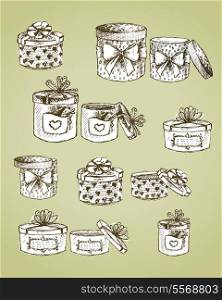 Set of gift present boxes with bows, ribbon, hearts and labels vector illustration