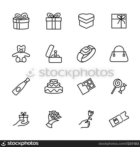Set of gift symbol, gift box, gift goods and giving a gift activity with line icon style. Editable stroke vector, isolated at white background